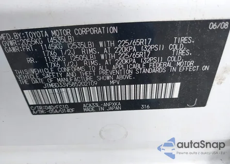 2008 Toyota Rav4 z USA, uszkodzony, nr VIN JTMBD33V585202109